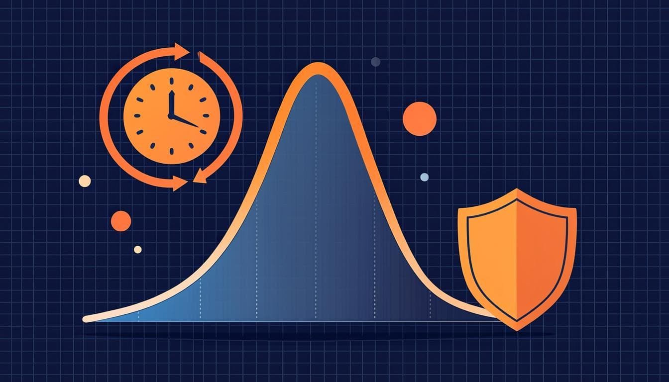 Gráfico de distribuição log-normal de intervalos de extração ao lado de um painel de circuit breaker com pausas exponenciais