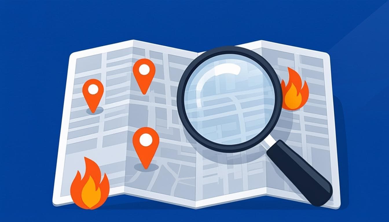 Painel de prospecção com mapa do Google Maps, células de grade quadtree e lista de leads extraídos com temperatura e heat score